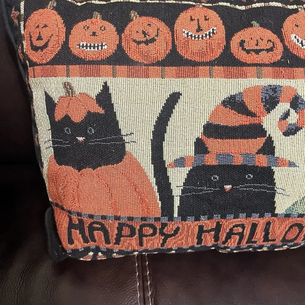 Vintage Halloween Black Cat Jack O Lantern Tapestry Throw Pillow 15x11 Decor